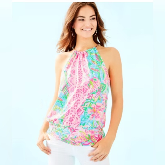 Lilly Pulitzer Tops - Lilly Pulitzer Pop Up Lilly of the Jungle Bowen Halter Top with Gold Tone Chain